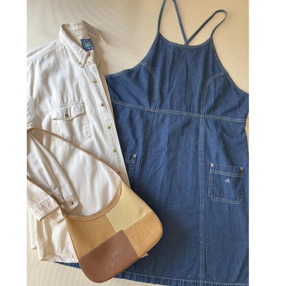 Dresses & Skirts - 1990s Denim Mini Dress | Vintage Cross Back Light Jean Dress
